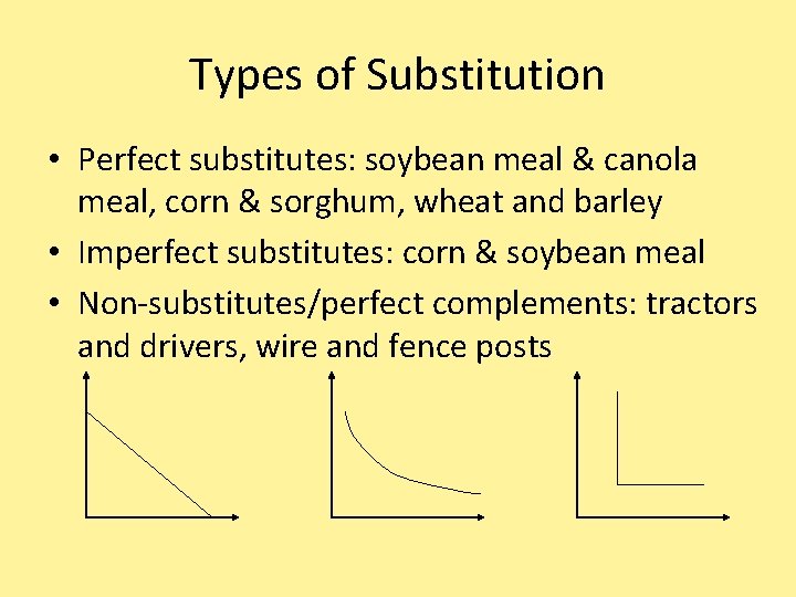 Types of Substitution • Perfect substitutes: soybean meal & canola meal, corn & sorghum,