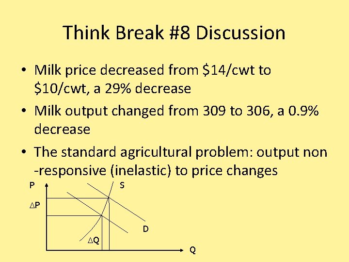 Think Break #8 Discussion • Milk price decreased from $14/cwt to $10/cwt, a 29%