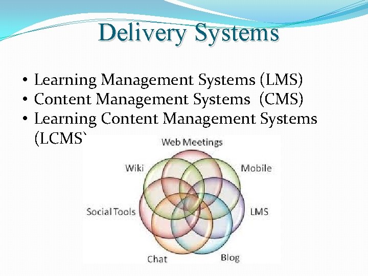 Delivery Systems • Learning Management Systems (LMS) • Content Management Systems (CMS) • Learning