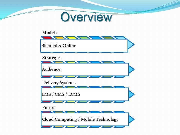Overview Models Blended & Online Strategies Audience Delivery Systems LMS / CMS / LCMS