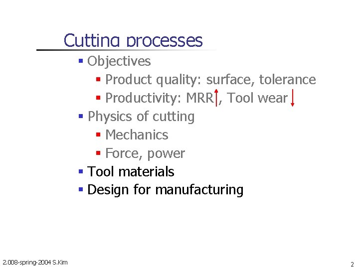 Cutting processes Objectives Product quality: surface, tolerance Productivity: MRR , Tool wear Physics of