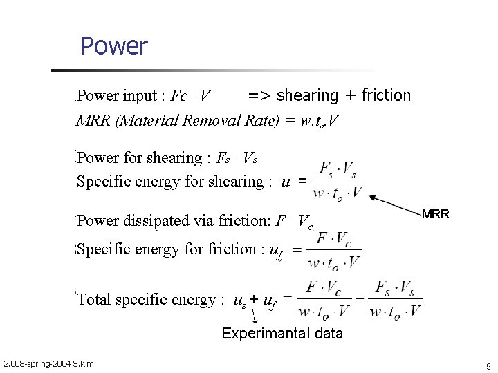 Power input : Fc ⋅V => shearing + friction MRR (Material Removal Rate) =