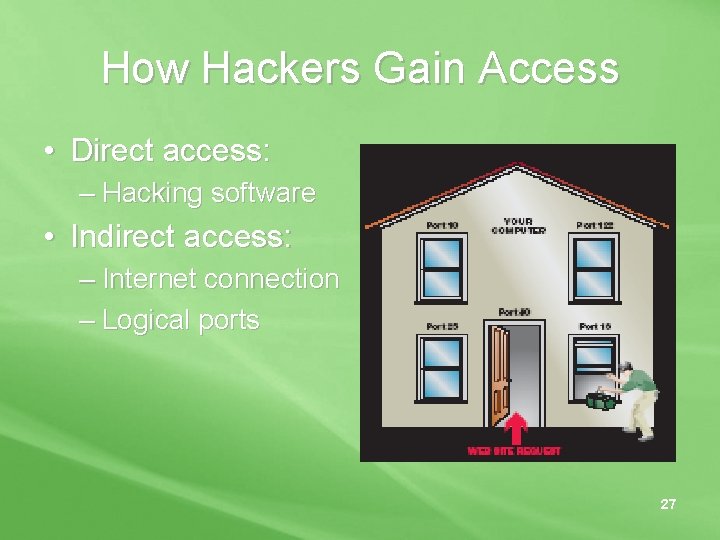 How Hackers Gain Access • Direct access: – Hacking software • Indirect access: –