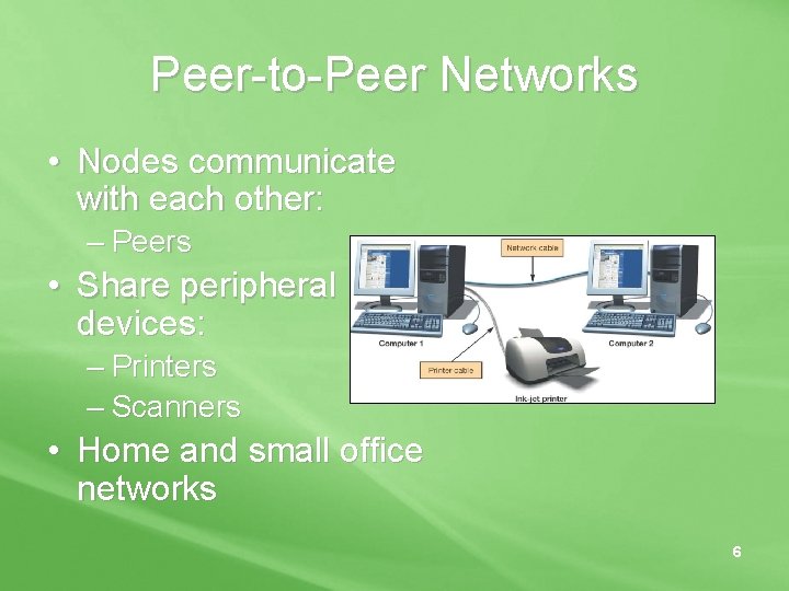 Peer-to-Peer Networks • Nodes communicate with each other: – Peers • Share peripheral devices: