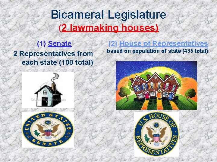 Bicameral Legislature (2 lawmaking houses) (1) Senate 2 Representatives from each state (100 total)