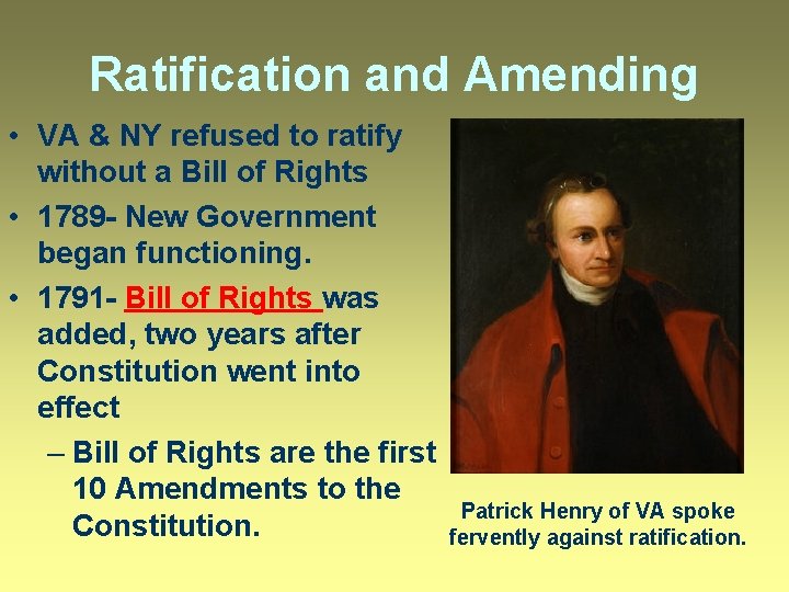 Ratification and Amending • VA & NY refused to ratify without a Bill of