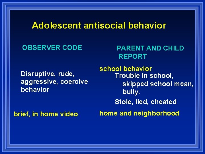 Adolescent antisocial behavior OBSERVER CODE Disruptive, rude, aggressive, coercive behavior brief, in home video