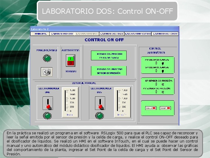 LABORATORIO DOS: Control ON-OFF En la práctica se realizó un programa en el software