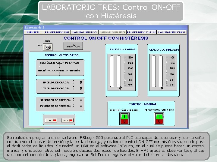 LABORATORIO TRES: Control ON-OFF con Histéresis Se realizó un programa en el software RSLogix