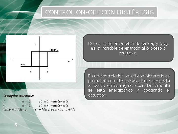 CONTROL ON-OFF CON HISTÉRESIS Donde e es la variable de salida, y U(s) es