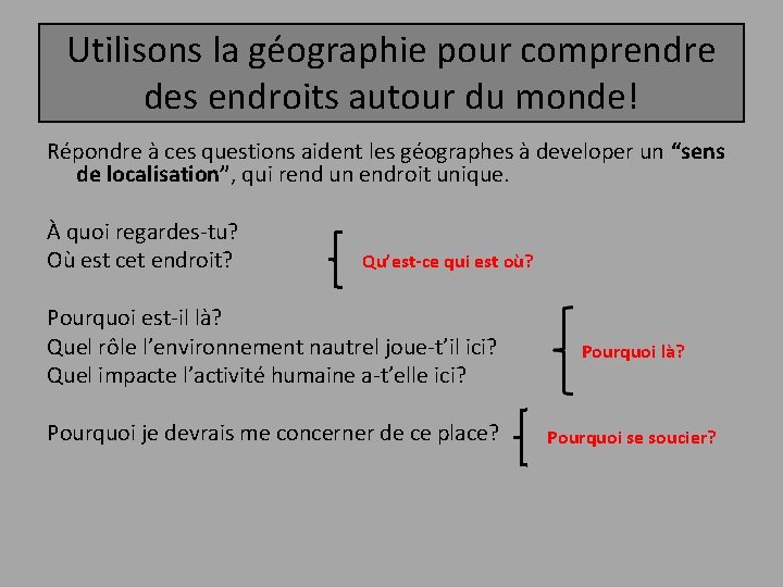 Utilisons la géographie pour comprendre des endroits autour du monde! Répondre à ces questions