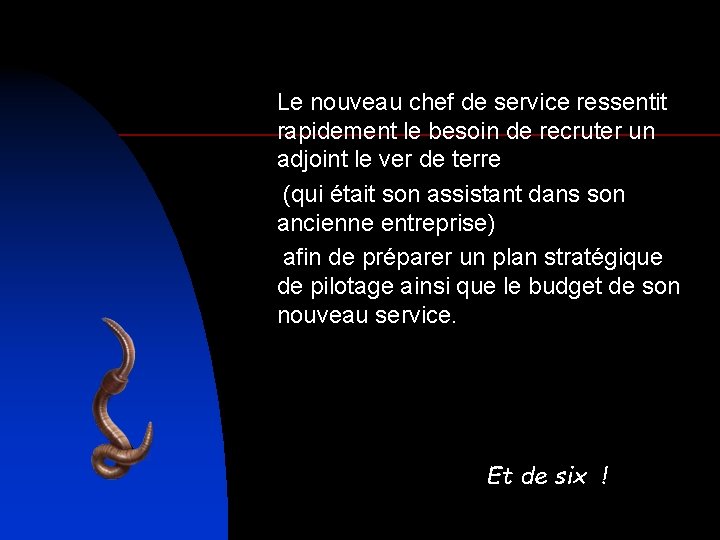 Le nouveau chef de service ressentit rapidement le besoin de recruter un adjoint le