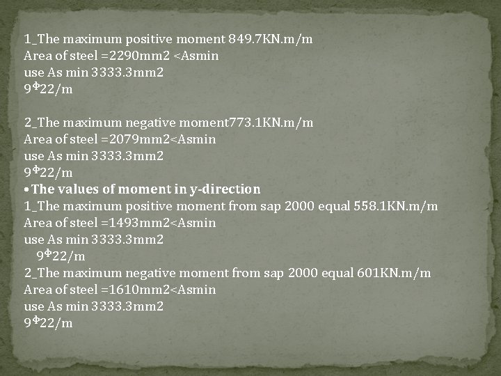 1_The maximum positive moment 849. 7 KN. m/m Area of steel =2290 mm 2