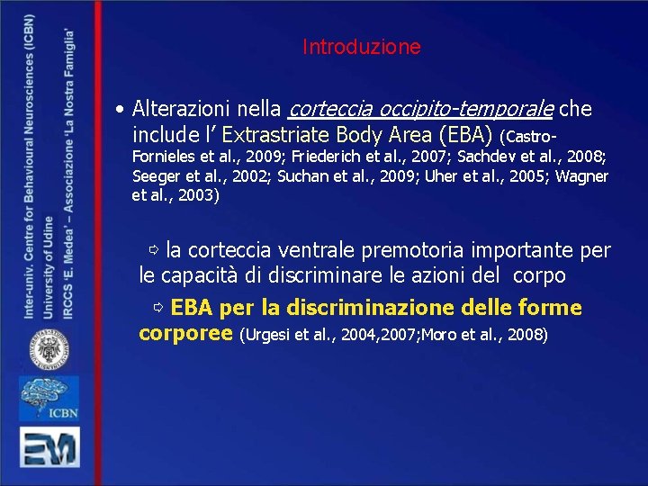 Introduzione • Alterazioni nella corteccia occipito-temporale che include l’ Extrastriate Body Area (EBA) (Castro-