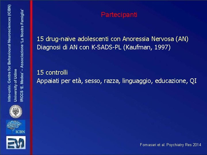 Partecipanti 15 drug-naive adolescenti con Anoressia Nervosa (AN) Diagnosi di AN con K-SADS-PL (Kaufman,