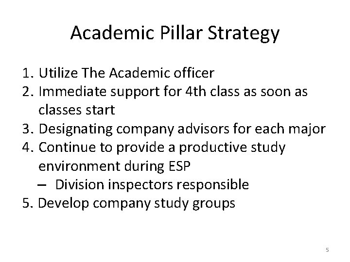 Academic Pillar Strategy 1. Utilize The Academic officer 2. Immediate support for 4 th Academic Pillar Strategy 1. Utilize The Academic officer 2. Immediate support for 4 th