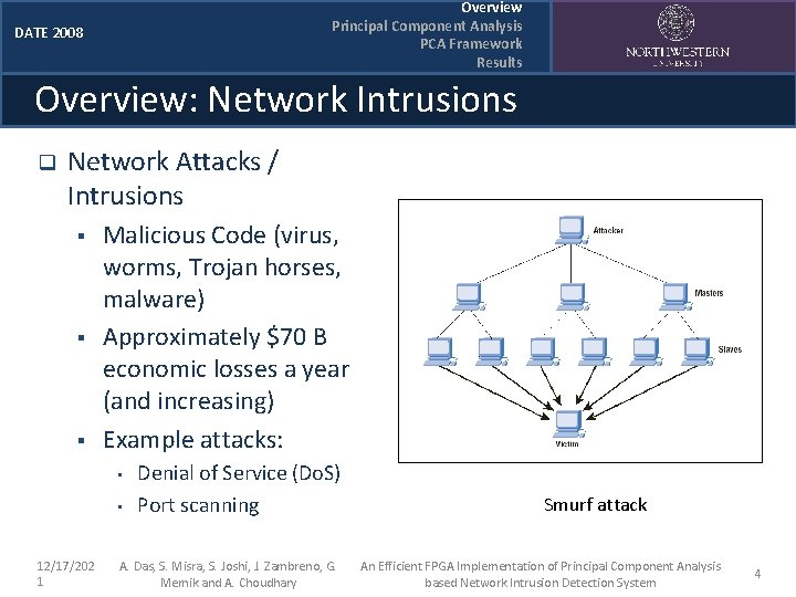 Overview Principal Component Analysis PCA Framework Results DATE 2008 Overview: Network Intrusions q Network