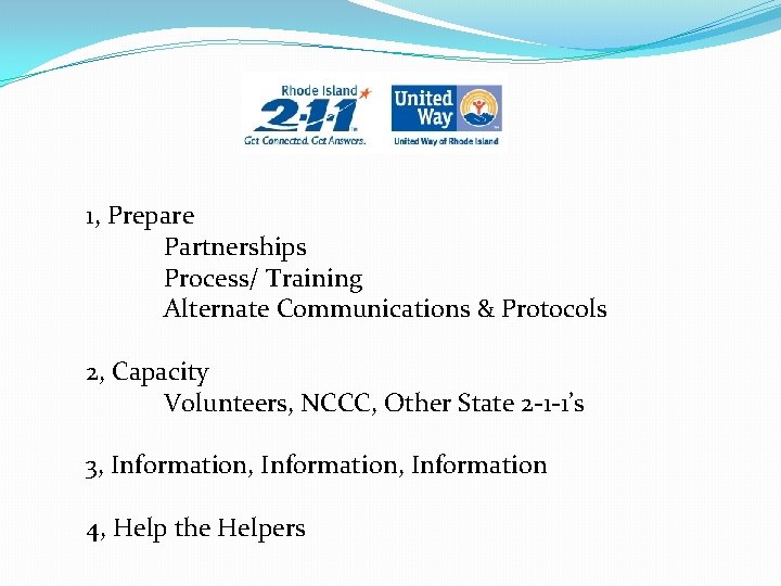 1, Prepare Partnerships Process/ Training Alternate Communications & Protocols 2, Capacity Volunteers, NCCC, Other