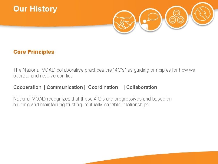 Our History Core Principles The National VOAD collaborative practices the “ 4 C’s” as