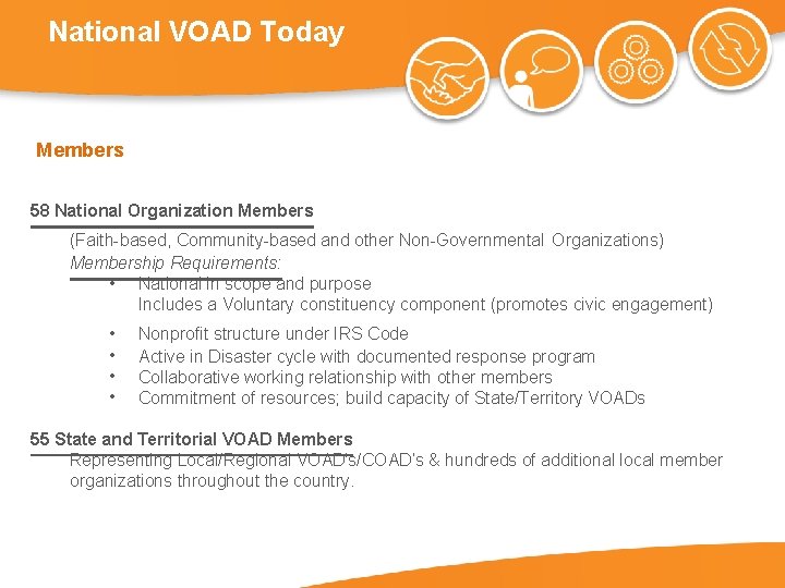 National VOAD Today Members 58 National Organization Members (Faith-based, Community-based and other Non-Governmental Organizations)