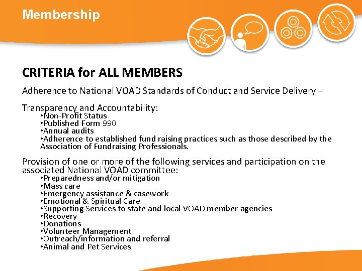Membership CRITERIA for ALL MEMBERS Adherence to National VOAD Standards of Conduct and Service
