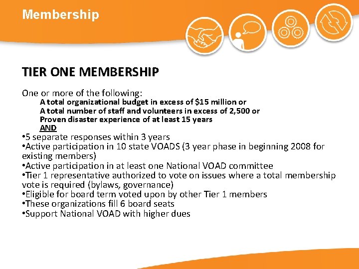 Membership TIER ONE MEMBERSHIP One or more of the following: A total organizational budget