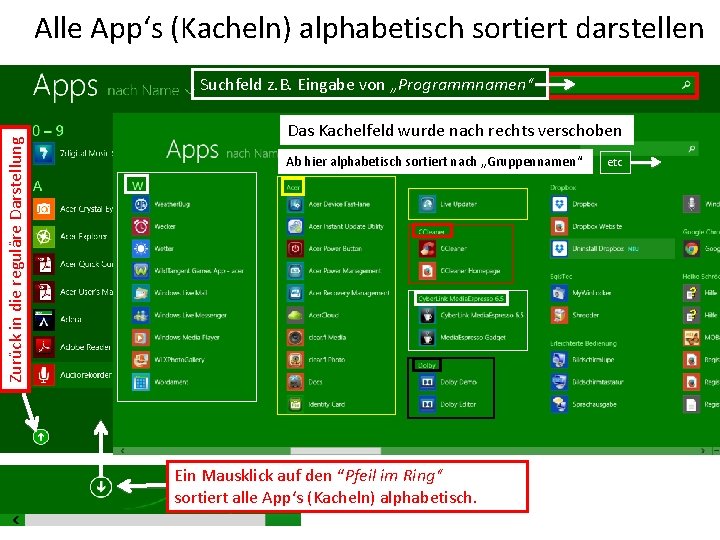 Alle App‘s (Kacheln) alphabetisch sortiert darstellen Zurück in die reguläre Darstellung Suchfeld z. B.