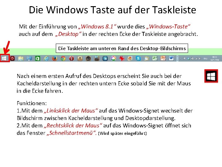 Die Windows Taste auf der Taskleiste Mit der Einführung von „Windows 8. 1“ wurde