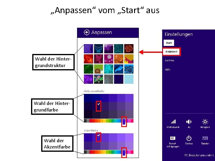 „Anpassen“ vom „Start“ aus Start Anpassen Wahl der Hintergrundstruktur Wahl der Hintergrundfarbe Wahl der