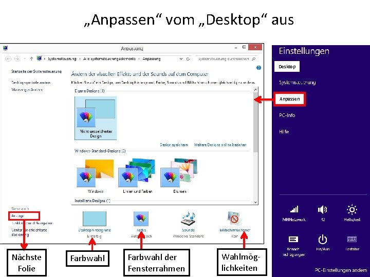 „Anpassen“ vom „Desktop“ aus Desktop Anpassen Nächste Folie Farbwahl der Fensterrahmen Wahlmöglichkeiten 