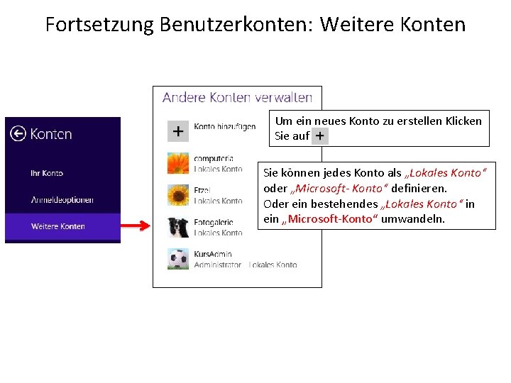 Fortsetzung Benutzerkonten: Weitere Konten Um ein neues Konto zu erstellen Klicken Sie auf Sie