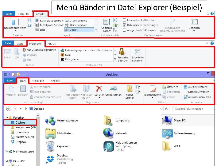 Menü-Bänder im Datei-Explorer (Beispiel) 