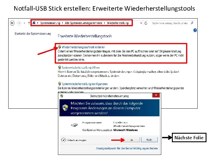 Notfall-USB Stick erstellen: Erweiterte Wiederherstellungstools Nächste Folie 