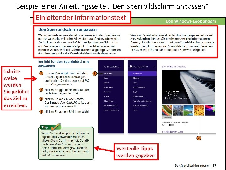 Beispiel einer Anleitungsseite „ Den Sperrbildschirm anpassen“ Einleitender Informationstext Schrittweise werden Sie geführt das