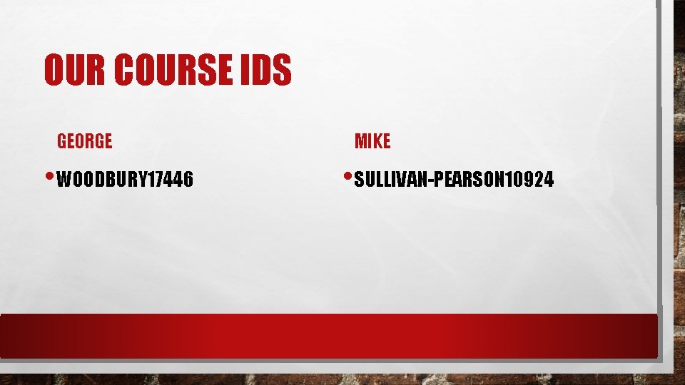 OUR COURSE IDS GEORGE • WOODBURY 17446 MIKE • SULLIVAN-PEARSON 10924 