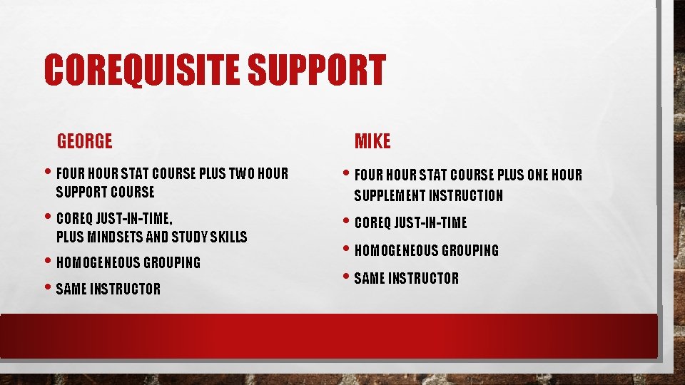 COREQUISITE SUPPORT GEORGE • FOUR HOUR STAT COURSE PLUS TWO HOUR SUPPORT COURSE •
