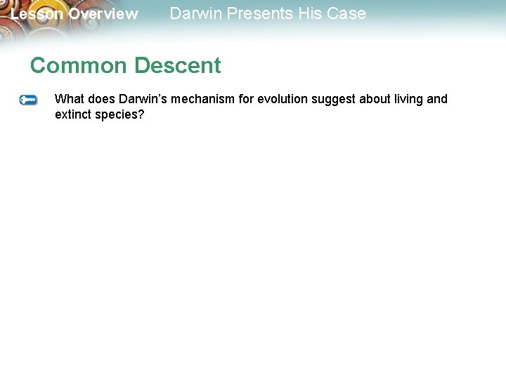 Lesson Overview Darwin Presents His Case Common Descent What does Darwin’s mechanism for evolution