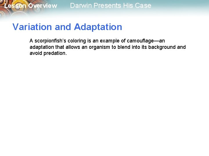 Lesson Overview Darwin Presents His Case Variation and Adaptation A scorpionfish’s coloring is an