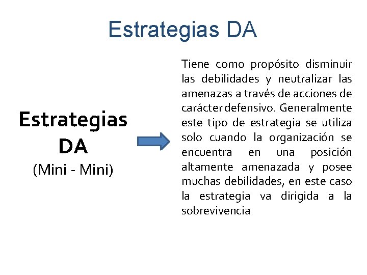 Estrategias DA (Mini - Mini) Tiene como propósito disminuir las debilidades y neutralizar las