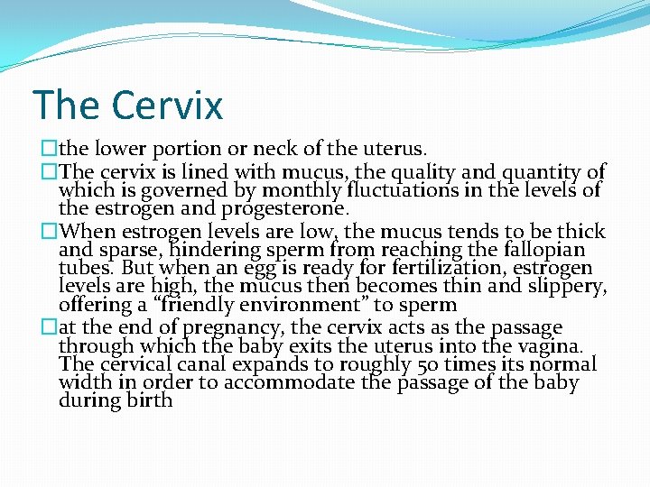 The Cervix �the lower portion or neck of the uterus. �The cervix is lined