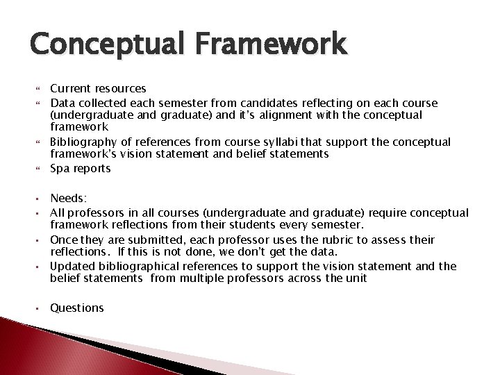 Conceptual Framework • • • Current resources Data collected each semester from candidates reflecting