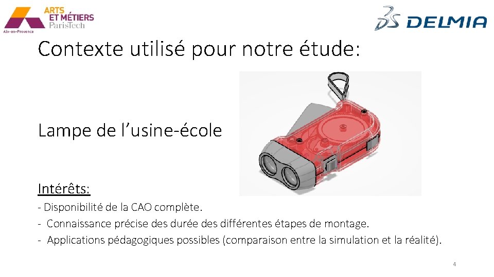 Contexte utilisé pour notre étude: Lampe de l’usine-école Intérêts: - Disponibilité de la CAO