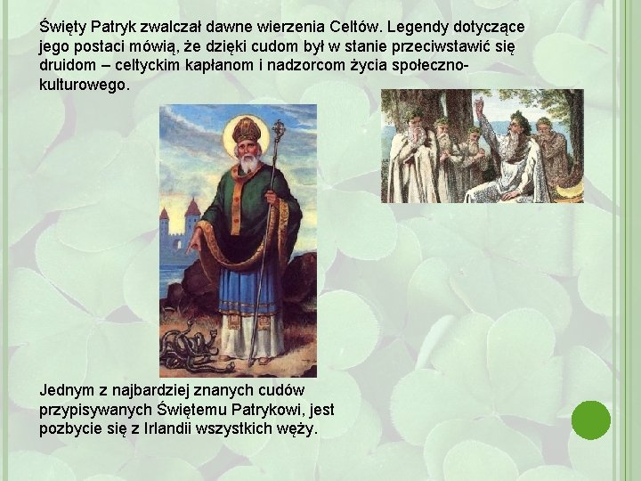 Święty Patryk zwalczał dawne wierzenia Celtów. Legendy dotyczące jego postaci mówią, że dzięki cudom