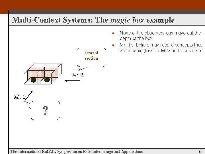 Multi-Context Systems: The magic box example n n central section None of the observers