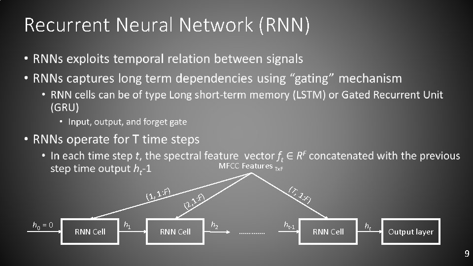 Recurrent Neural Network (RNN) • MFCC Features Tx. F : F) (1, 1 h