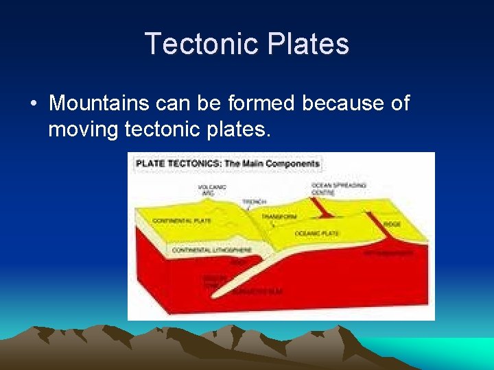 Tectonic Plates • Mountains can be formed because of moving tectonic plates. 