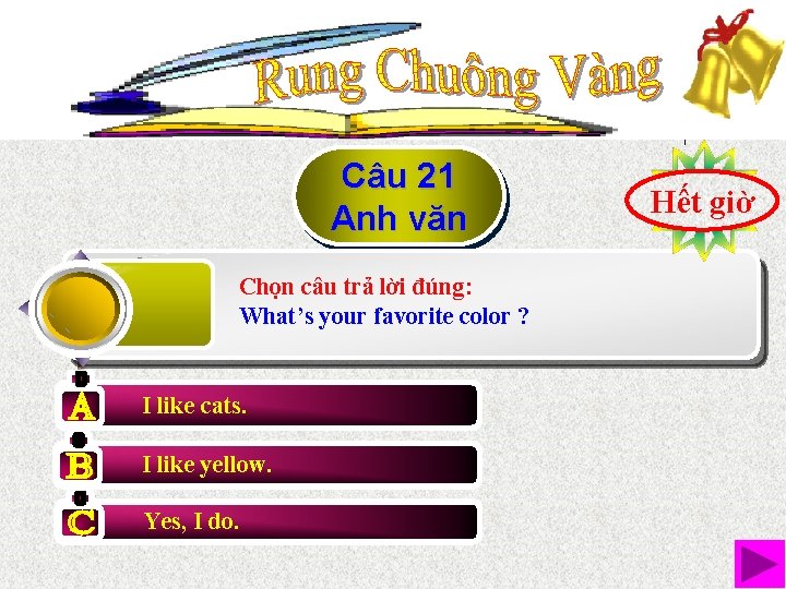 Câu 21 Anh văn Chọn câu trả lời đúng: What’s your favorite color ?