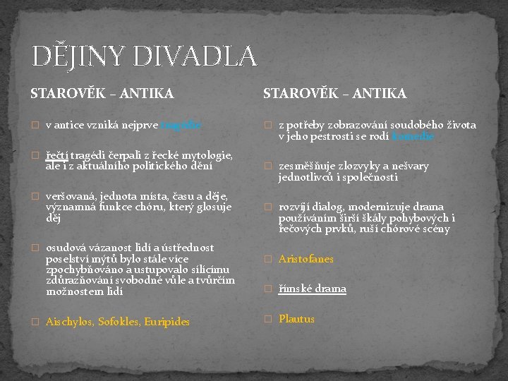 DĚJINY DIVADLA STAROVĚK – ANTIKA � v antice vzniká nejprve tragédie � z potřeby