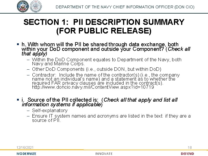 DEPARTMENT OF THE NAVY CHIEF INFORMATION OFFICER (DON CIO) SECTION 1: PII DESCRIPTION SUMMARY