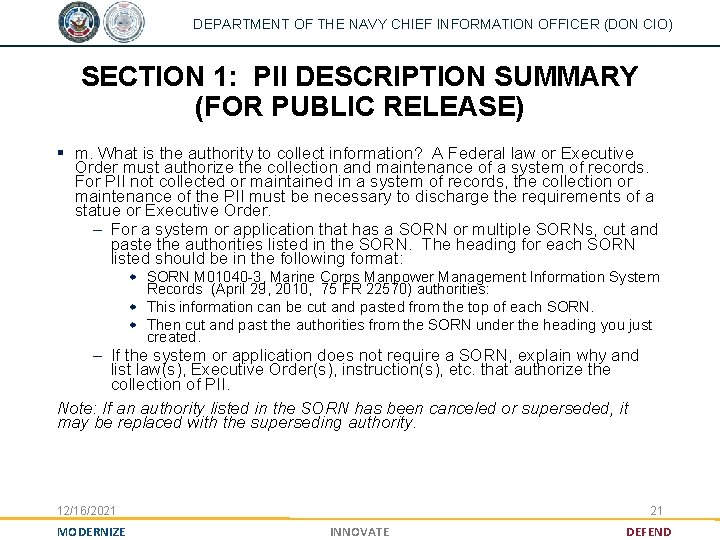 DEPARTMENT OF THE NAVY CHIEF INFORMATION OFFICER (DON CIO) SECTION 1: PII DESCRIPTION SUMMARY